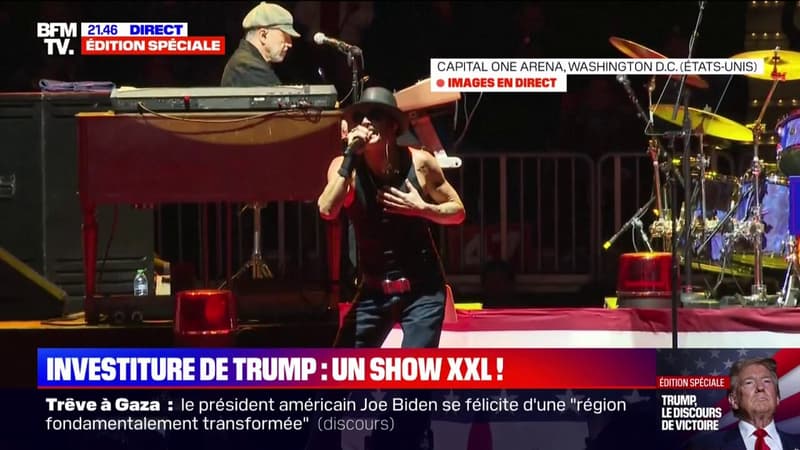 Meeting de Donald Trump: l'artiste Kid Rock se produit sur la scène de la Capital One Arena, avant l'arrivée du 47e président