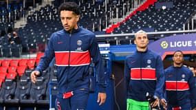 Marquinhos et Keylor Navas lors de PSG-Rennes, à Paris le 7 novembre 2020