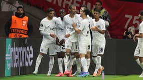 Hugo Ekitiké célèbre son but lors du match Francfort-Plzen (3-3, Ligue Europa), le 26 septembre 2024