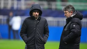 Frederic Massara et Arnaud Pouille avant le match Troyes-Rennes (1-0, Coupe de France), le 15 janvier 2025