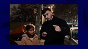 Assia, 11 ans, sans-abri et l'influenceur et vidéaste Gabinouvilla, à Lyon, dans un vidéo publiée sur YouTube le 9 janvier 2024.