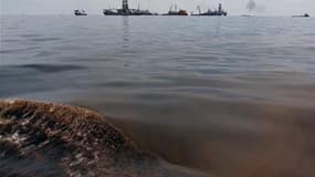 Nappe de pétrole dans les eaux du golfe du Mexique. BP poursuit ses efforts pour enrayer la marée noire dans cette zone mais les courants font craindre que le pétrole n'atteigne les régions touristiques de Floride, à un mois de l'été. /Photo prise le 18 m