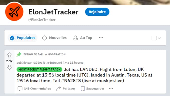 Une page Reddit consacrée au jet privé d'Elon Musk a été créée et compte déjà 212.000 membres.