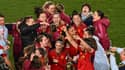 La sélection espagnole célébrant sa qualification en finale de Coupe du monde après une victoire 2-1 face à la Suède en demi-finale, 15 aout 2023