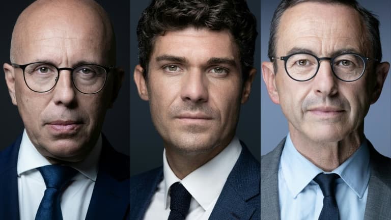 Combinaison de trois portraits créée le 17 novembre 2022 représentant les trois candidats à la présidence du parti Les Républicains (LR), de gauche à droite, Eric Ciotti le 14 septembre 2021, Aurelien Pradié le 13 septembre 2022 et Bruno Retailleau le 3 juin 2021, à Paris