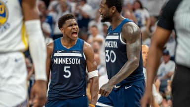 La joie d'Anthony Edwards lors de la victoire de Minnesota sur Golden State (121-110, play-offs NBA), le 14 mai 2025