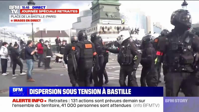 Réforme des retraites: dispersion des manifestants sous tension sur la place de la Bastille à Paris