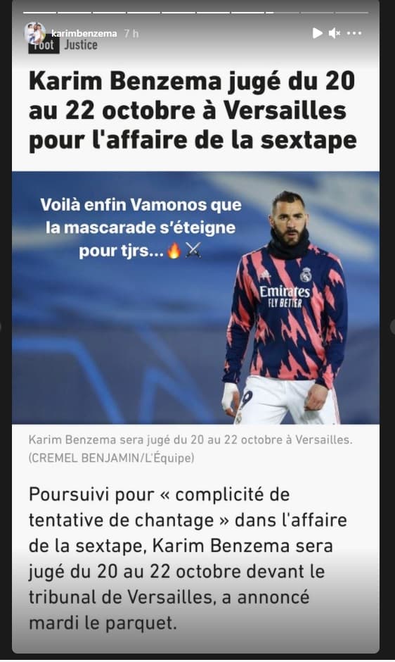 La réaction de Karim Benzema sur Instagram à l'annonce des dates du procès de l'affaire de la sextape