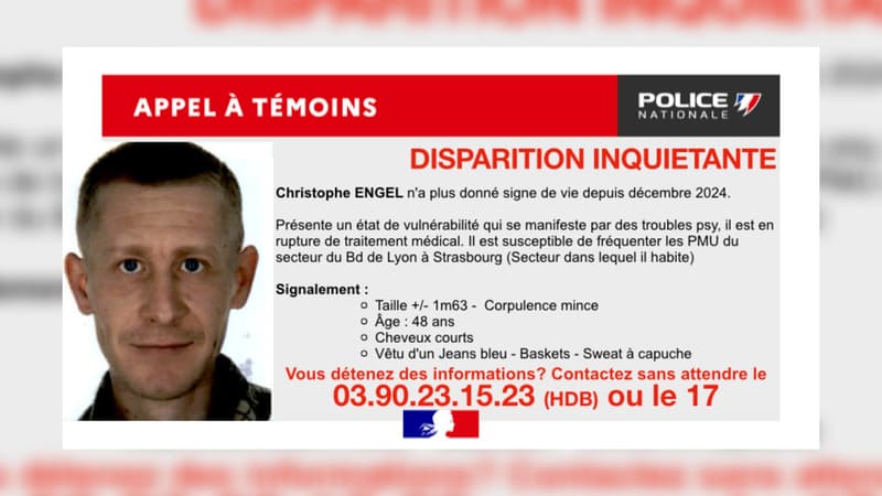 Christophe Engel, âgé de 48 ans, n'a pas donné signe de vie depuis décembre 2024 à Strasbourg. Un appel à témoins a été lancé.