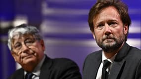 Éric Coquerel (LFI) et Boris Vallaud (PS) lors du grand oral devant les patrons avant les législatives, en mai 2024