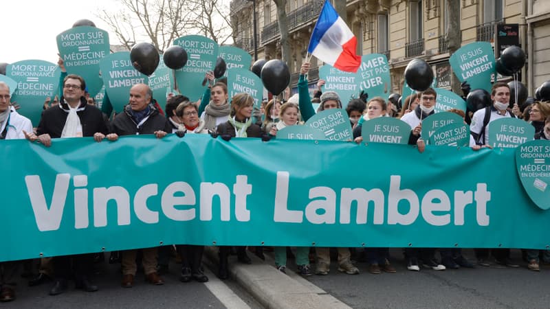 Viviane Lambert (troisième en partant de la gauche), la mère de Vincent Lambert, prend part à une "Marche pour la vie", le 25 janvier 2015 à Paris.