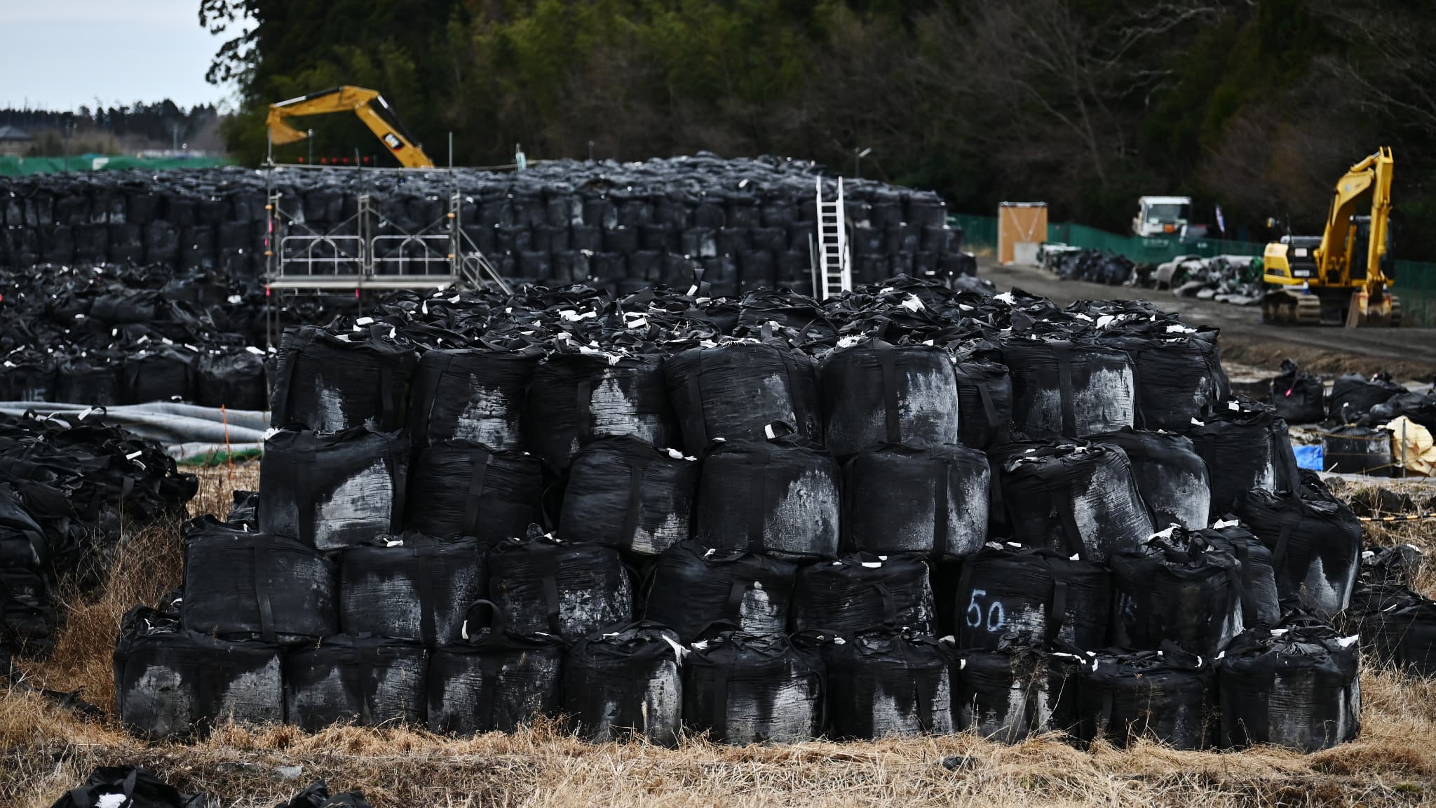 Des sacs contenant des éléments de sol contaminés déposés dans un champ de Tomioka, dans la préfecture de Fukushima, au nord de la centrale nucléaire, le 29 février 2020