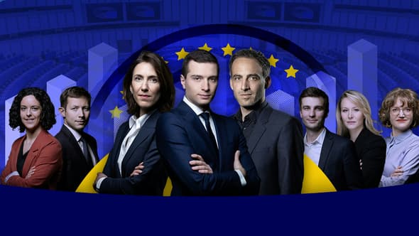 Jordan Bardella (RN) domine jusqu'ici les sondages des élections européennes du 9 juin 2024, devant Valérie Hayer (Renaissance) et Raphaël Glucksmann (PS-Place publique).