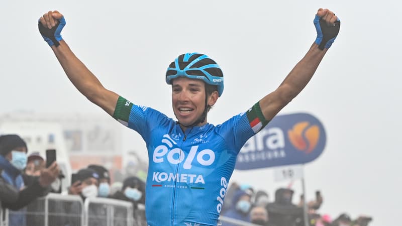 Giro: l'explosion de joie de Contador, patron de l’équipe Eolo, pour la victoire de Fortunato