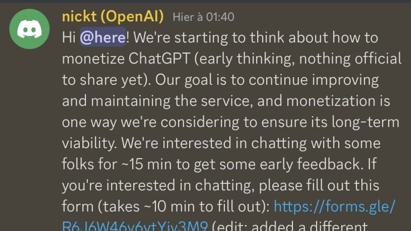 Le message d'OpenAI sur son serveur Discord. Le message d'OpenAI sur son serveur Discord.