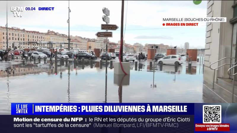 Le Vieux-Port de Marseille en partie inondé après de fortes pluies cette nuit