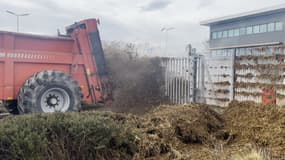 Des agriculteurs déversent du fumier devant les locaux de Biocoop à Noves, près de Châteaurenard (Bouches-du-Rhône), le 1er février 2024.