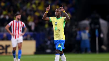 Vinicius célèbre son but lors de la victoire du Brésil contre le Paraguay (1-0, qualifs Coupe du monde 2026), le 10 juin 2025