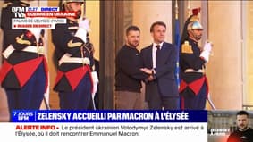 Ukrainian President Volodymyr Zelensky is received by Emmanuel Macron at the Élysée Palace