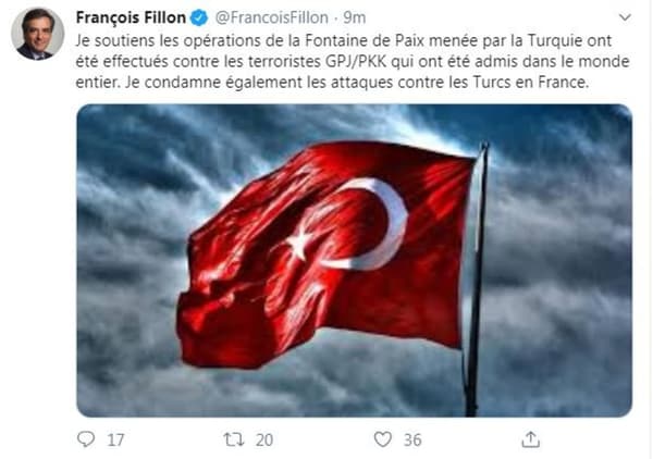 Un message pro-Erdogan durant le piratage du compte de François Fillon. Un message pro-Erdogan durant le piratage du compte de François Fillon.