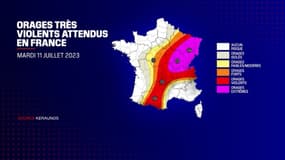 L'observatoire français des orages Keraunos a émis un niveau 5 "orages extrêmes" sur le nord-est et le centre-est de la France ce mardi 11 juillet 2023.