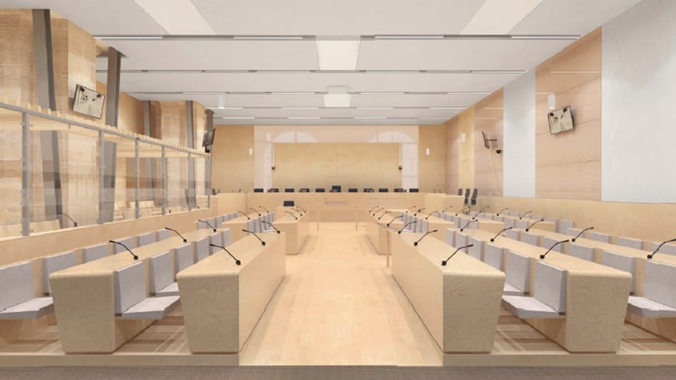 Vue du prétoire de la salle d’audience pour le procès des attentats de novembre 2015.
