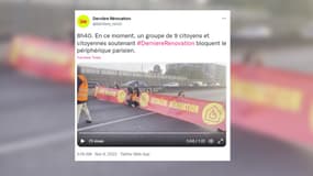 Des militants écologistes de Dernière Rénovation bloquent le périphérique à Paris. 