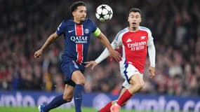 Marquinhos et Gabriel Martinelli lors du match Arsenal-PSG, à Londres (Emirates Stadium) le 1er octobre 2024