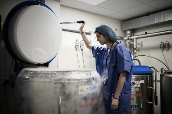 Une membre de l'équipe du Cecos - l'unité de procréation médicalement assistée (PMA) de l'hôpital Tenon, à Paris, manipule un outil de stockage réfrigéré, le 24 septembre 2019.