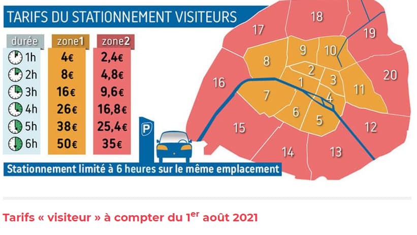 La carte des nouveaux tarifs du stationnement visiteur à Paris. La carte des nouveaux tarifs du stationnement visiteur à Paris.