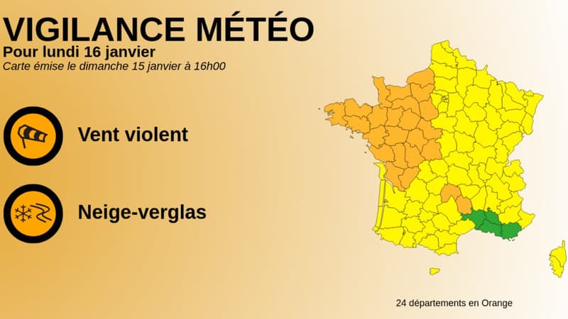 24 départements de métropole sont placés lundi 16 janvier en vigilance orange pour vents violents et neige-verglas