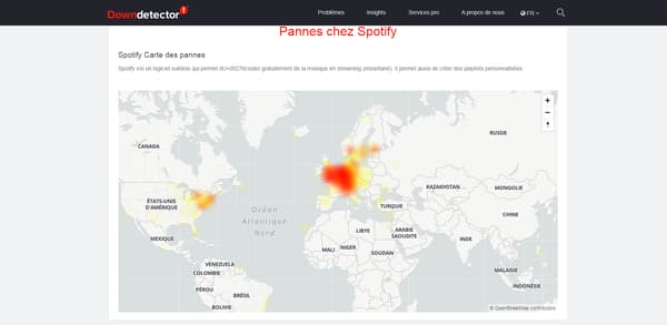 La carte des pannes sur Spotify, vendredi 10 juillet à 14 heures La carte des pannes sur Spotify, vendredi 10 juillet à 14 heures