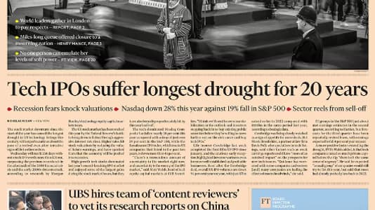 La une du Financial Times du 19 septembre 2022 La une du Financial Times du 19 septembre 2022