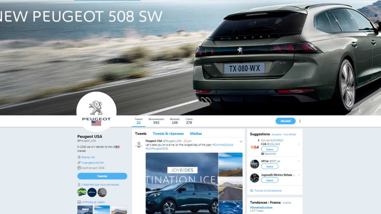 Pendant quelques jours, Peugeot USA disposait d'un compte Twitter. Un 'fake' dont PSA a demandé la suppression. Pendant quelques jours, Peugeot USA disposait d'un compte Twitter. Un 'fake' dont PSA a demandé la suppression.