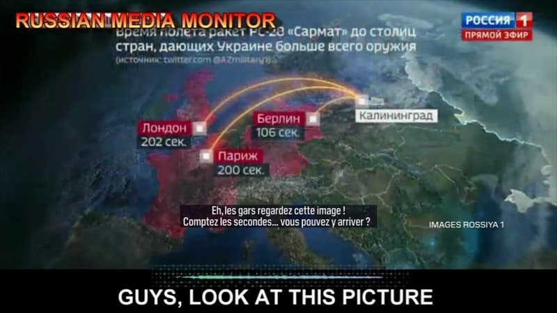 Scène surréaliste à la TV russe où l'on indique qu'un missile pourrait toucher Paris en 200 secondes