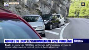 Des voitures stationnées le long de la route qui mène aux Gorges du loup 