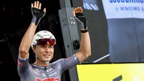 La joie de Jasper Philipsen, vainqueur de la 1ere étape du Tour de France le 5 juillet 2025 à Lille