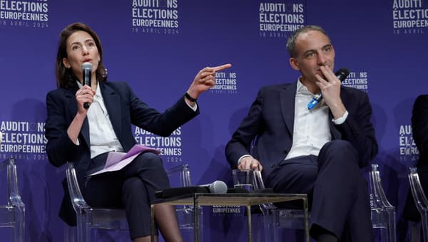 Les têtes de liste Renaissance et PS-Place publique aux élections européennes, Valérie Hayer et Raphaël Glucksmann, lors d'une audition des candidats devant le Medef, le 18 avril 2024 à Paris.