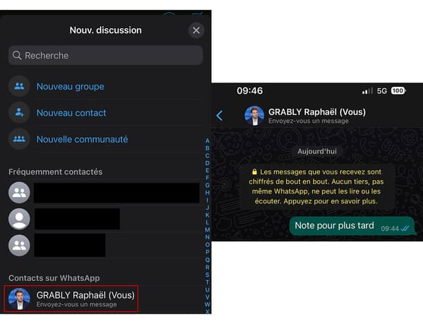 L'option d'envoi de message à soi-même, proposée par WhatsApp