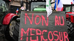 Une pancarte sur un tracteur portant l'inscription "Non au Mercosur" devant la préfecture de la Marne lors d'une manifestation d'agriculteurs à Châlons-en-Champagne, le 18 novembre 2024 (photo d'illustration).