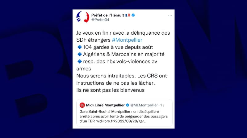 Le tweet du préfet de l'Hérault, supprimé deux heures après sa publication. 