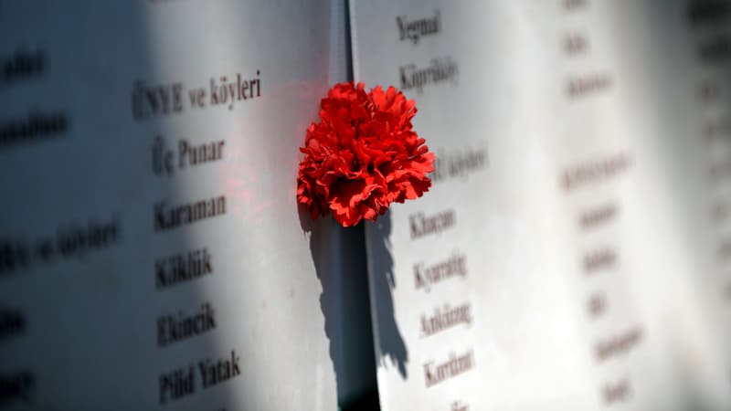 Un oeillet placé sur une liste de noms de victimes des massacres d'Arméniens, lors des commémorations du 24 avril 2013, à Istanbul. 