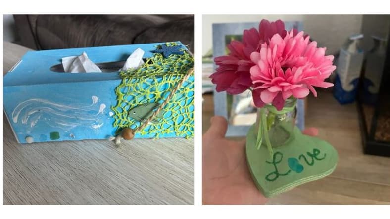 La boîte à mouchoirs sur le thème de la mer et le petit vase reçus par Malika Braconnier pour la fête des mères.