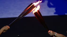 La flamme olympique pendant la cérémonie d'ouverture des JO de Tokyo, le 23/07/2021
