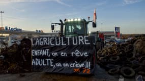 Des pneus et du fumier déposés par des agriculteurs lors d'une action devant un supermarché Leclerc au Mans, dans la Sarthe, le 26 janvier 2024