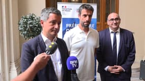 Gérald Darmanin, Laurent Nuñez et Tony Estanguet à la préfecture de police de Paris, le 9 août 2024.