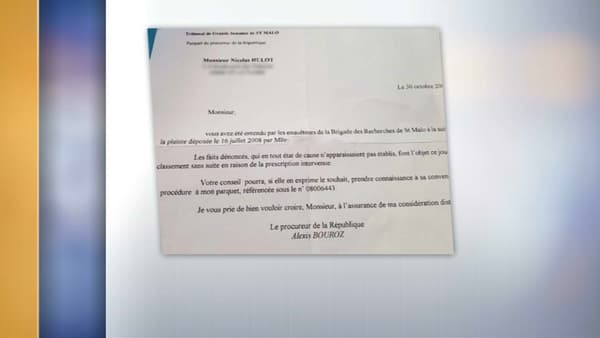 Copie de la lettre envoyée en 2008 à Nicolas Hulot par le parquet de Saint-Malo. Copie de la lettre envoyée en 2008 à Nicolas Hulot par le parquet de Saint-Malo.