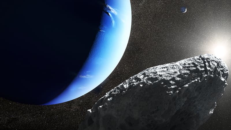 Vue d'artiste de la lune Hippocampe, récemment découverte près de Neptune par des astronomes américains. 