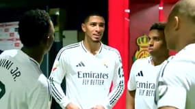 La discussion entre Jude Bellingham, Kylian Mbappé, Vinicius et Rodrygo à la mi-temps de Real Madrid-Majorque, le 19 août 2024.