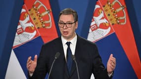 Le président serbe Aleksandar Vucic s'exprime lors d'une conférence de presse, le 17 février 2025.